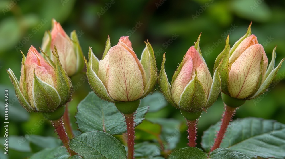 Delicate Pink Rose Buds Surrounded by Lush Green Leaves Delicate Pink Rose Buds Surrounded by Lush Green Leaves