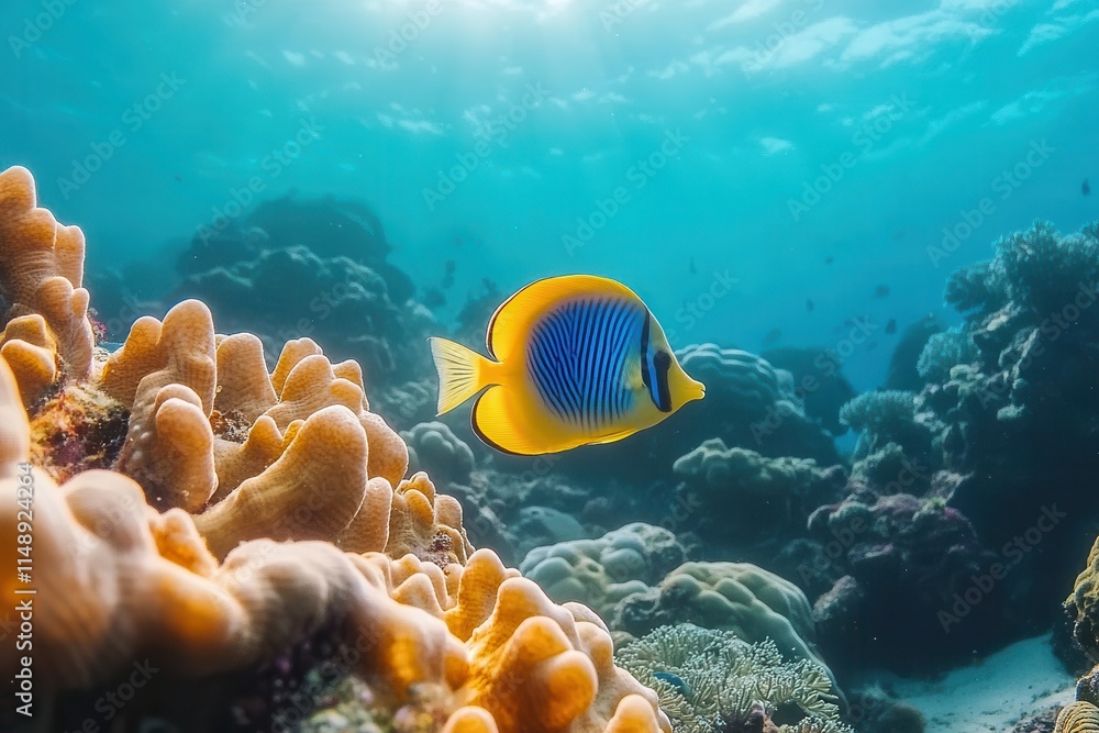 Fototapeta premium Diving moment at a coral reef with a yellowtail tang Zebrasoma xanthurum
