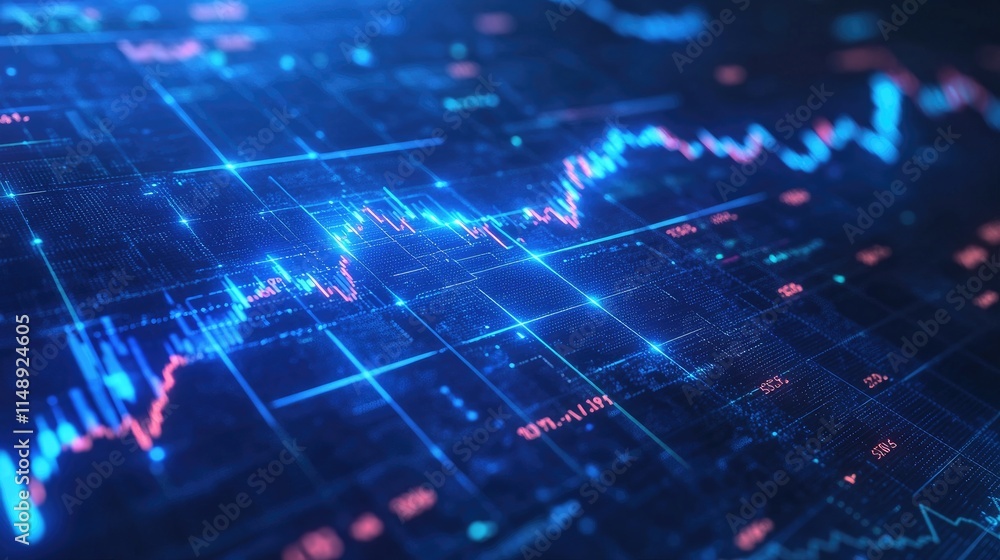Abstract Financial Data Visualization with Blue and Red Lines, Digital Graphs, and Illuminating Background for Stock Market Analysis or Trading Concepts Abstract Financial Data Visualization with Blue and Red Lines, Digital Graphs, and Illuminating Background for Stock Market Analysis or Trading Concepts