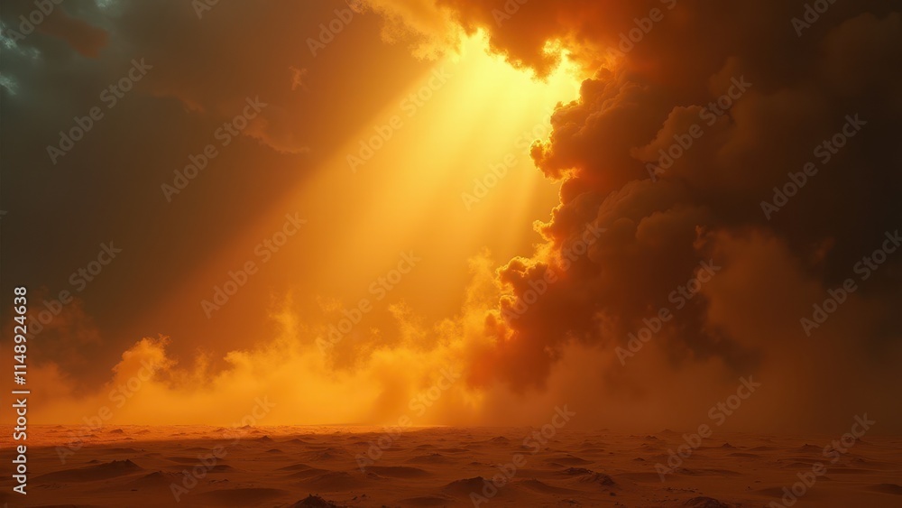 Fototapeta premium Scenic View of Sun Rays Shining Through Dusty Cloudy Sky at Sunset