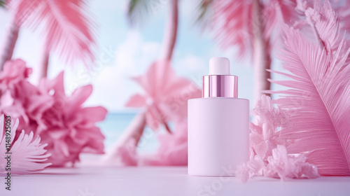 skincare bottle surrounded by tropical flowers and palm leaves, evoking serene and refreshing atmosphere