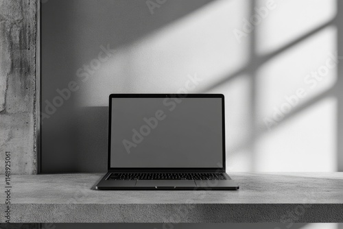 A sleek, dark laptop rests on a textured concrete surface, bathed in soft sunlight.