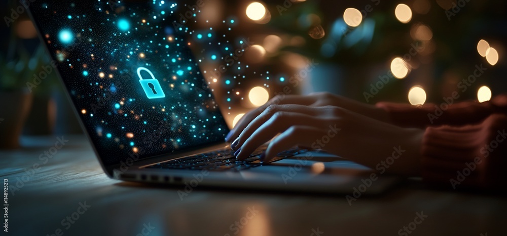 Hands typing on a laptop with a digital lock symbol, representing cybersecurity. Hands typing on a laptop with a digital lock symbol, representing cybersecurity.