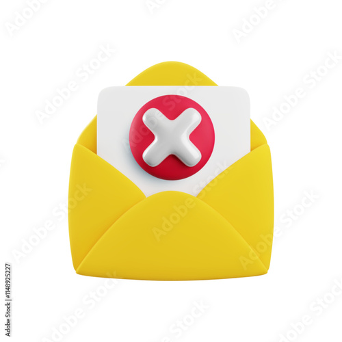 Vector cartoon 3d error message icon. 3d render open envelope with sheet and red x cross sign. Warning email sign, rejection document, stop spam mail, delete virus e-correspondence, wrong address