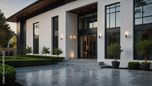 Wallpaper Mural Modern white house exterior with large windows and dark-framed doors.  Landscaped with shrubs and trees.  Exterior lighting is visible.  Smooth concrete driveway. Torontodigital.ca