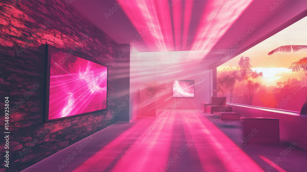 modern interior with glowing pink light beams, showcasing vibrant digital art on walls. serene atmosphere invites relaxation and creativity modern interior with glowing pink light beams, showcasing vibrant digital art on walls. serene atmosphere invites relaxation and creativity