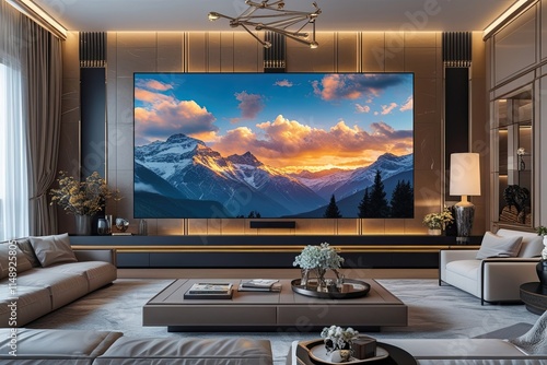Luxury Living Room Design with Large Wall Mounted TV Screen