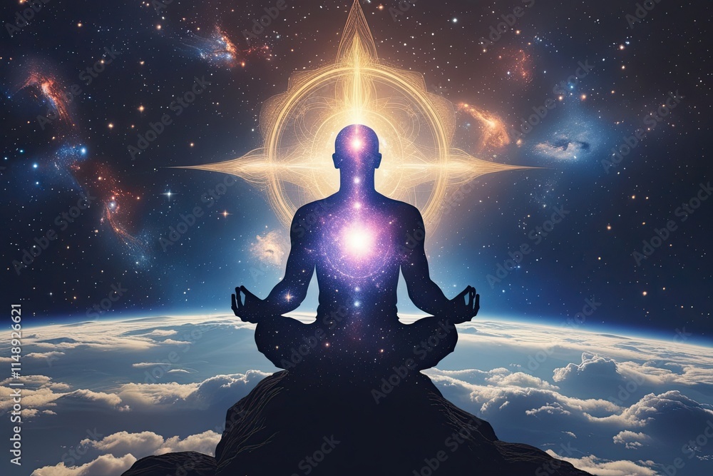 Cosmic Energy Meditation Silhouette in Transcendent Stellar Atmosphere for Spiritual Ascension Cosmic Energy Meditation Silhouette in Transcendent Stellar Atmosphere for Spiritual Ascension