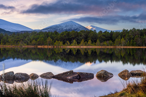 Loch Morlich reflections in the Cairngorms, Scotland