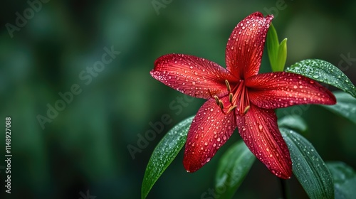 Stunning close-up of a vibrant red lily flower adorned with fresh dew drops, showcasing the intricate petals and lush green leaves in a blurred background of nature