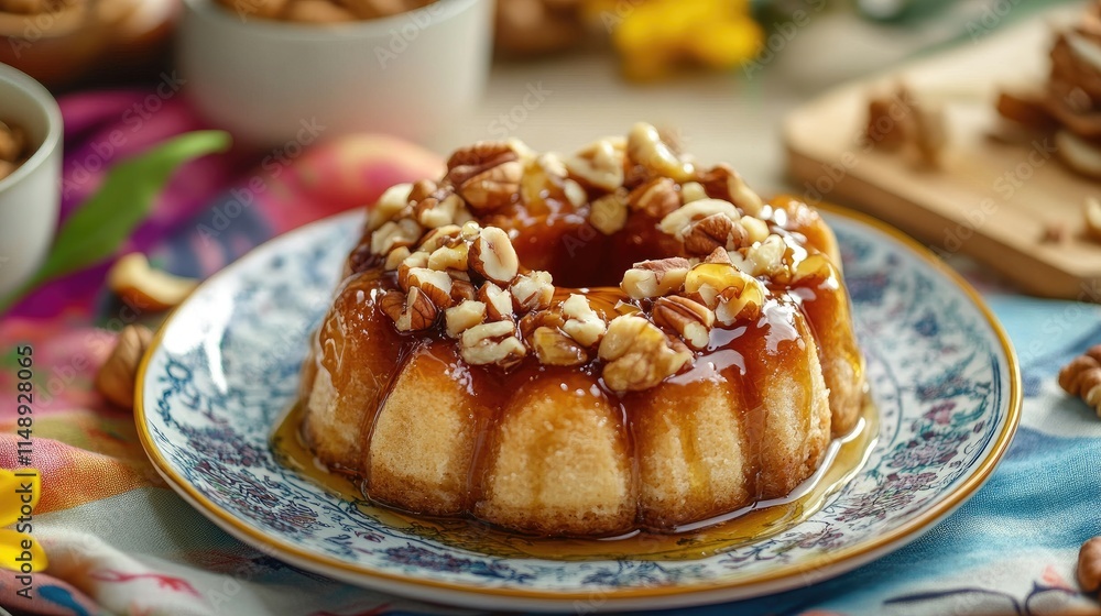 Delicious Bundt Cake Topped with Crushed Nuts and Drizzled with Sticky Caramel Sauce on a Colorful Tablecloth Surrounded by Natural Ingredients and Decor Delicious Bundt Cake Topped with Crushed Nuts and Drizzled with Sticky Caramel Sauce on a Colorful Tablecloth Surrounded by Natural Ingredients and Decor