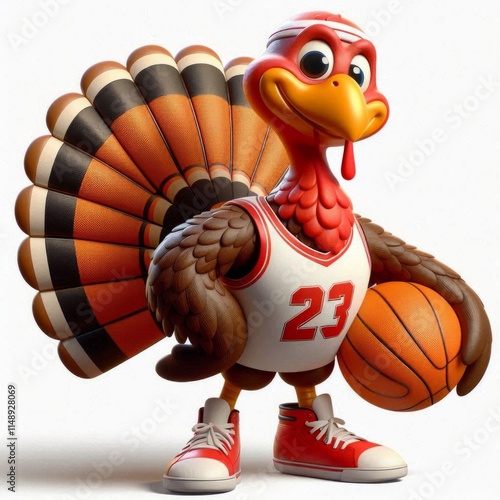 A cartoon-style, anthropomorphized turkey with a confident and playful posture, standing upright. The turkey is dressed for basketball, Generative AI
