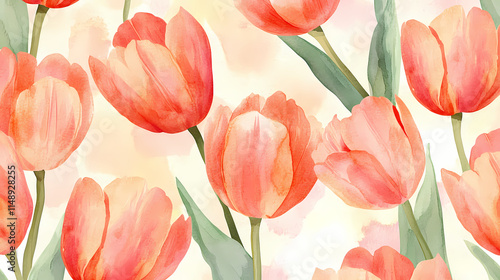 Watercolor tulip whispers: a seamless pattern of delicate, painterly tulips in a spring-inspired palette. Threnody. Illustration