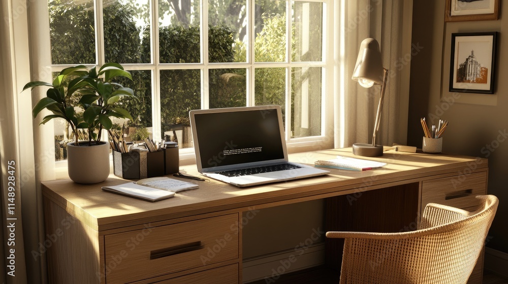 Sunlit Home Office with Modern Desk, Laptop, and Indoor Plant Surrounded by Natural Light and Greenery through Window Sunlit Home Office with Modern Desk, Laptop, and Indoor Plant Surrounded by Natural Light and Greenery through Window