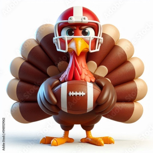 Cartoon-style image featuring a turkey with a unique and humorous twist. The turkey is anthropomorphized, standing upright with a confident posture. It has a red football helmet Generative AI