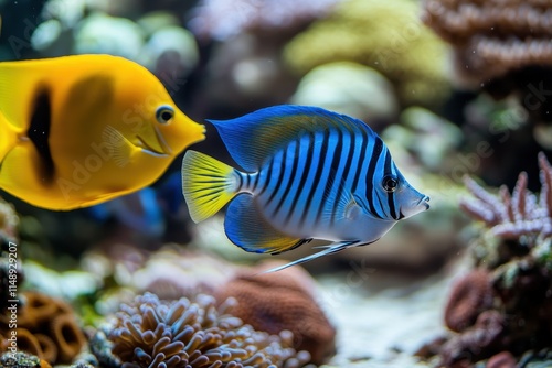 Focus on Paracanthurus hepatus Blue tang Acanthurus leucosternon and Zebrasoma flavescens in a home reef tank photo