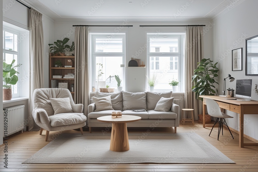 Fototapeta premium Bright Scandinavian Living Space with Cozy Lounge Sofa and Wooden Desk
