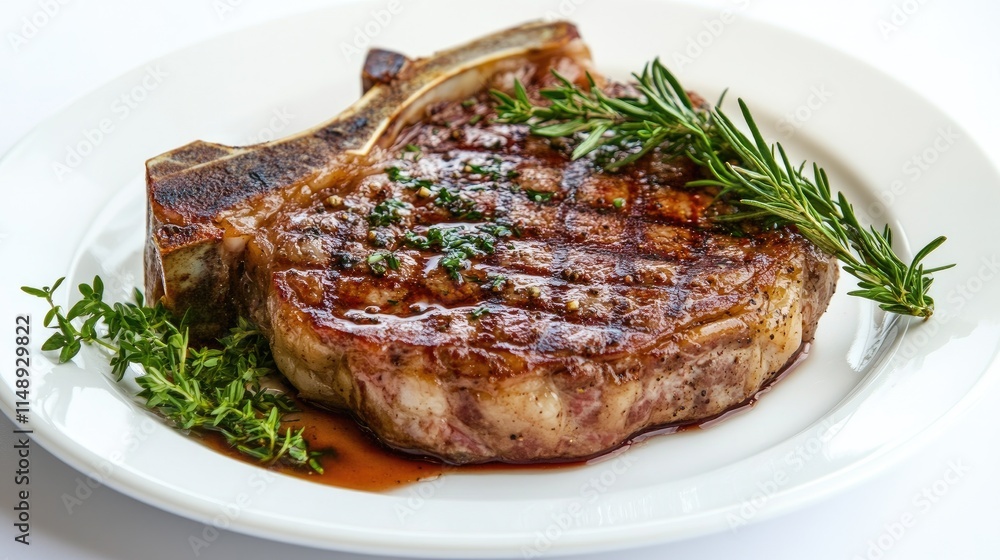 Juicy Grilled Tomahawk Steak with Fresh Herbs on a White Plate Garnished with Rosemary and Thyme for an Elegant Culinary Presentation Juicy Grilled Tomahawk Steak with Fresh Herbs on a White Plate Garnished with Rosemary and Thyme for an Elegant Culinary Presentation