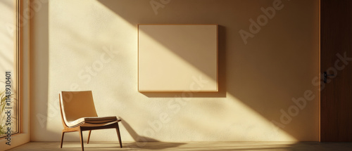 modern interior featuring minimalist chair and blank wall frame, illuminated by soft sunlight