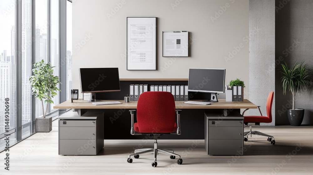 Fototapeta premium Modern Office Workspace with Sleek Design Featuring Desks, Monitors, Office Chairs, and Large Windows Offering Urban Cityscape Views