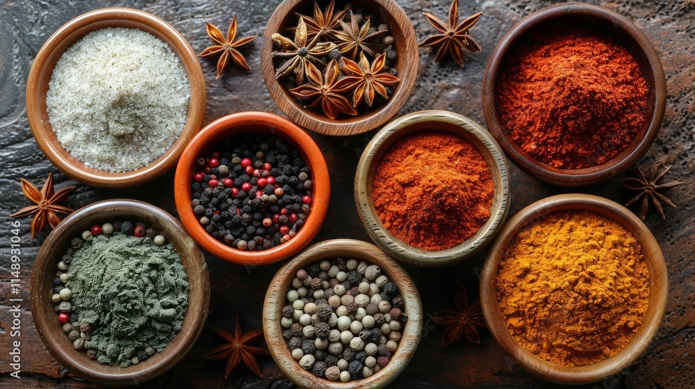 Top-Down View of Various Spices in Small Earthen Bowls