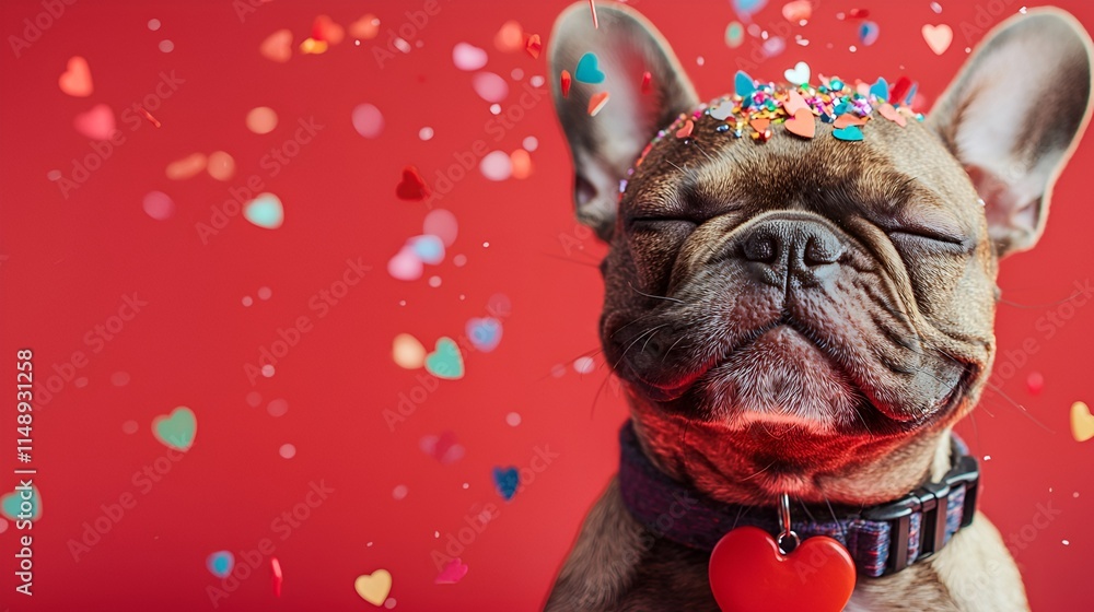 French bulldog with closed eyes and a heart on a collar. On and around his head are colorful confetti against a bright red background, creating a joyful holiday atmosphere. French bulldog with closed eyes and a heart on a collar. On and around his head are colorful confetti against a bright red background, creating a joyful holiday atmosphere.