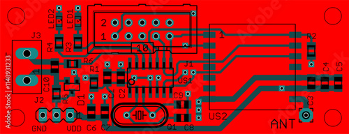 Vector printed circuit board of electronic 
device with components of radio elements, 
conductors and contact pads placed on pcb. 
Engineering technical drawing.
Computer technic cad design.