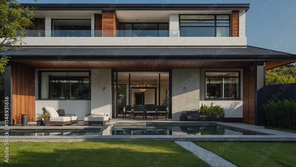 Two-story modern home with dark gray roof, large windows, wooden accents, and a patio with a swimming pool. The house features a contemporary design with clean lines and a neutral color palette. Two-story modern home with dark gray roof, large windows, wooden accents, and a patio with a swimming pool. The house features a contemporary design with clean lines and a neutral color palette.