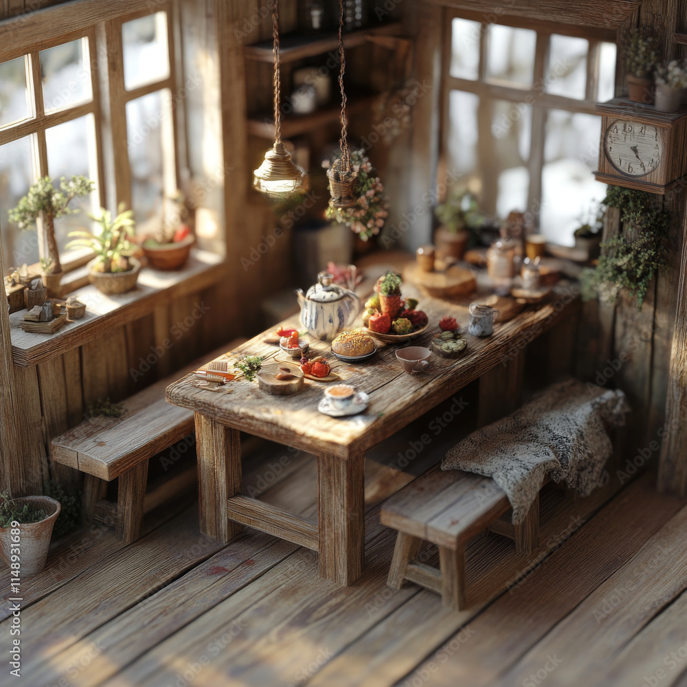 Fototapeta premium cozy wooden kitchen setup with rustic table, delicious food, and warm lighting. Perfect for homely atmosphere