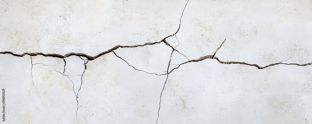 Obraz premium Aged concrete wall exhibits extensive cracking. Visible fractures, damage show deterioration. Light hits surface unevenly. Patterned fissures suggest structural weakness. Texture shows material wear.
