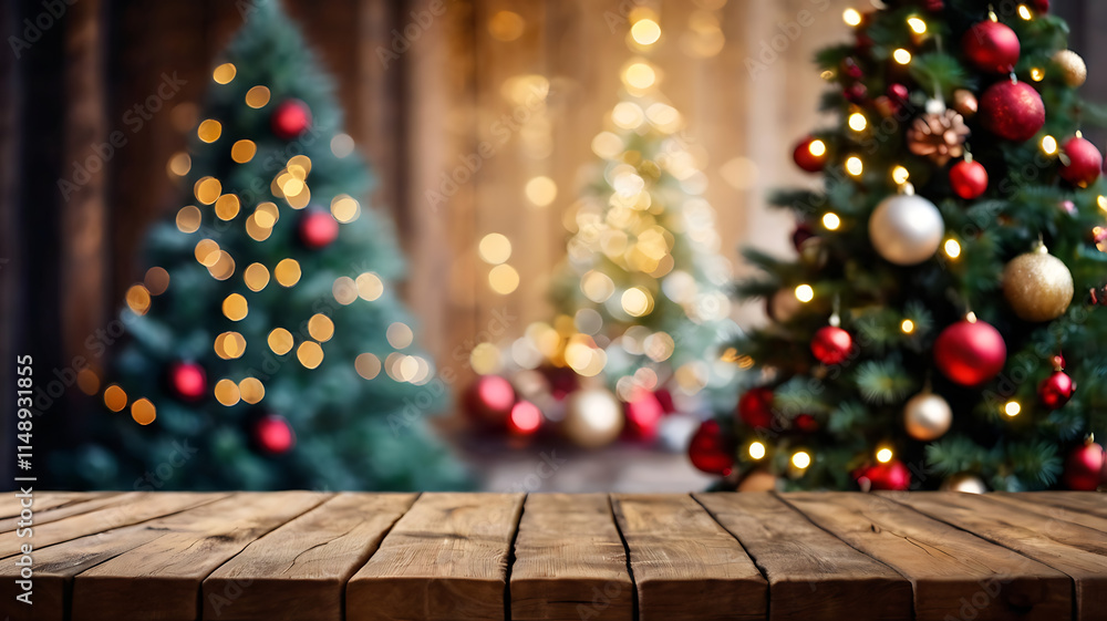 empty christmas table background with christmas tree out of focus for product display montage empty christmas table background with christmas tree out of focus for product display montage