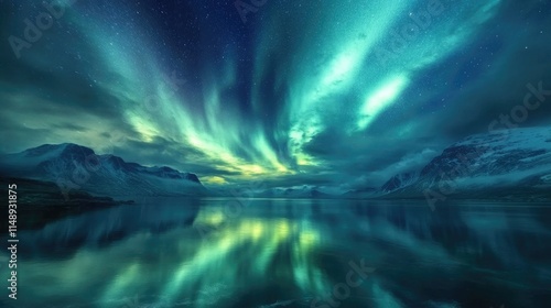 Wallpaper Mural Majestic Aurora Borealis Illuminating Night Sky Over Tranquil Waters with Mountain Reflection in a Remote Arctic Landscape Torontodigital.ca