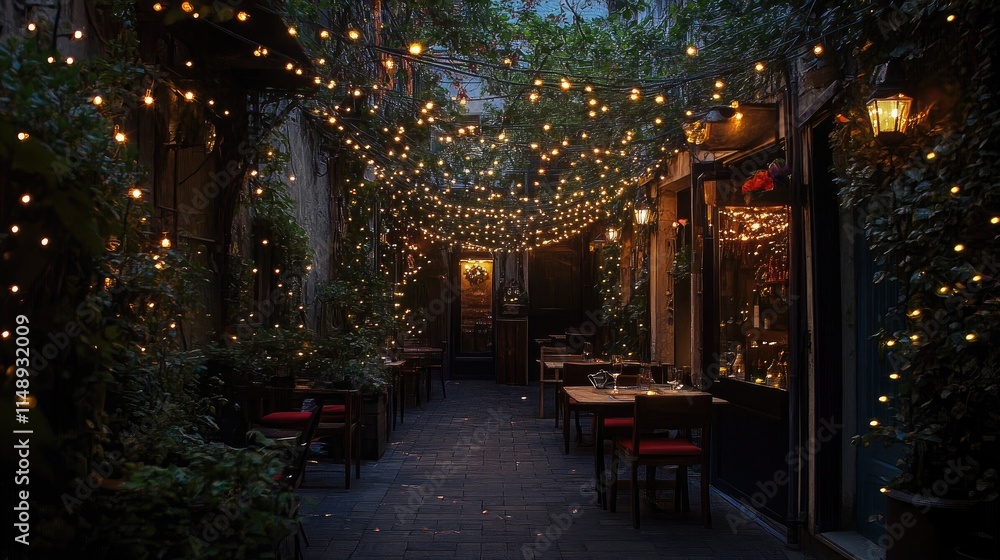 Romantic outdoor dining space adorned with twinkling fairy lights in a charming alley, surrounded by greenery and inviting ambiance for evening gatherings. Romantic outdoor dining space adorned with twinkling fairy lights in a charming alley, surrounded by greenery and inviting ambiance for evening gatherings.
