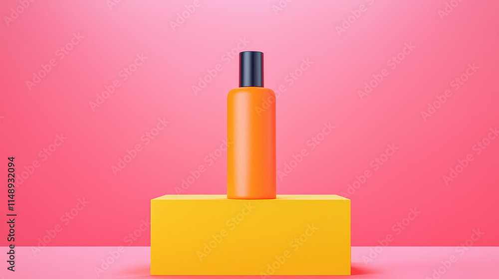 Bright orange skincare bottle on yellow block against pink background, showcasing modern design and vibrant colors Bright orange skincare bottle on yellow block against pink background, showcasing modern design and vibrant colors