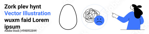 Character pointing to sad face with scrambled thoughts above it. Next to text sample in mixed fonts. Ideal for mental health, emotion representation, stress, communication, expression, presentations