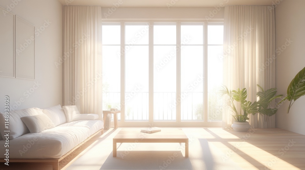 Fototapeta premium Bright and Airy Living Room with Large Windows, Soft Natural Light, Cozy Sofa, Minimalist Decor, Indoor Plants, and Wooden Furniture for Relaxing Atmosphere