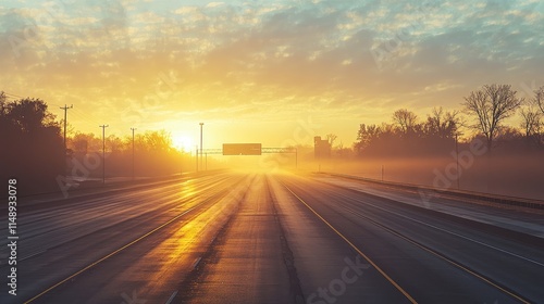 Serene Sunrise Over Empty Highway with Golden Light and Soft Fog Creating a Peaceful Morning Landscape with Cloudy Sky and Warm Colors