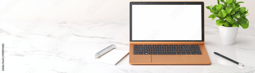 sleek laptop on marble desk with plant, notepad, and pen, perfect for productivity sleek laptop on marble desk with plant, notepad, and pen, perfect for productivity