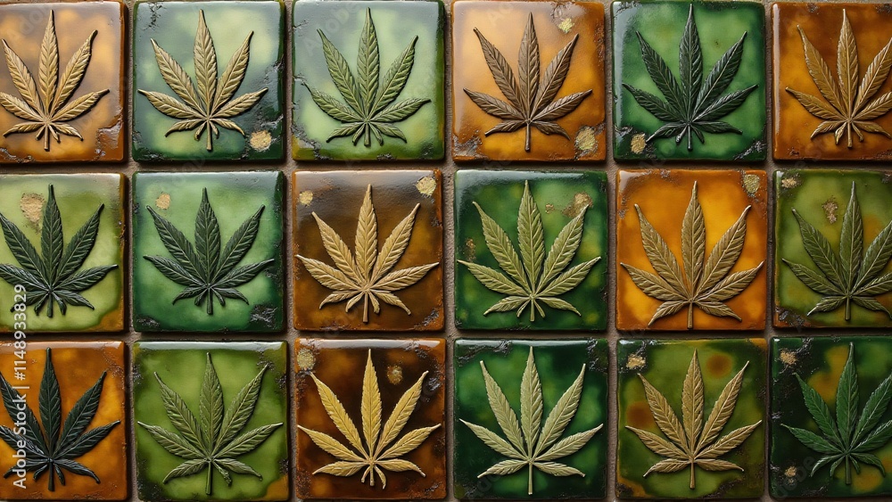 Cannabis mosaic pattern with diverse leaf designs in earthy greens, browns, and gold. Alternating glossy and matte tiles create texture and visual depth Cannabis mosaic pattern with diverse leaf designs in earthy greens, browns, and gold. Alternating glossy and matte tiles create texture and visual depth
