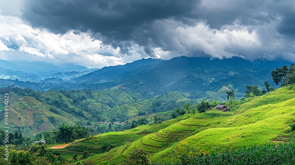 Fototapeta premium Lush Green Rice Terraces Under Dramatic Cloudy Sky in Mountains