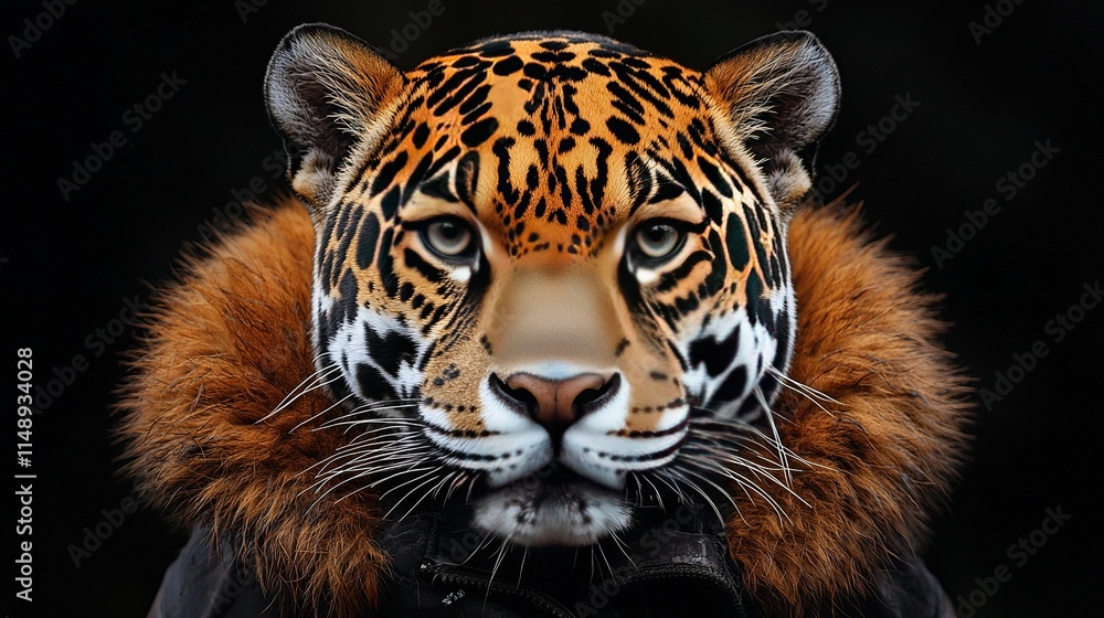 Fototapeta premium A close-up of a tiger's face, featuring fur on its head against a black backdrop