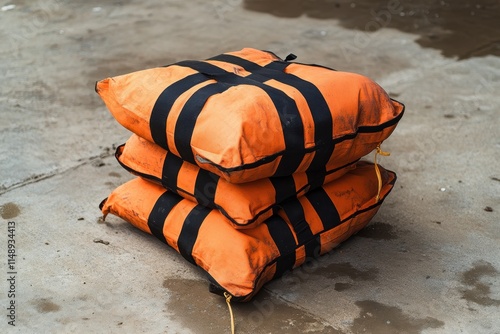 Heavy duty single pocket sandbags with an orange and black design for stabilizing light stands and photography equipment photo