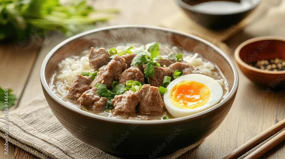 Delicious Bowl of Steaming Beef Soup with Soft Boiled Egg and Fresh Herbs on a Rustic Wooden Table Delicious Bowl of Steaming Beef Soup with Soft Boiled Egg and Fresh Herbs on a Rustic Wooden Table