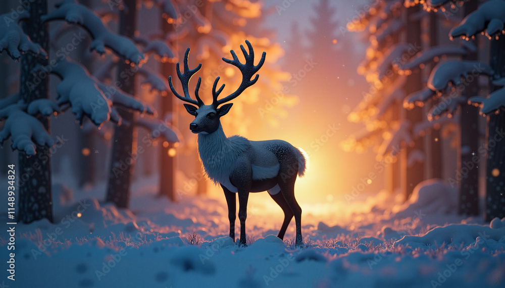 Elegant reindeer in a snowy forest illuminated by warm light amidst falling snow Elegant reindeer in a snowy forest illuminated by warm light amidst falling snow