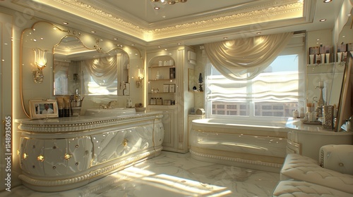 Luxurious White Bathroom Interior with Elegant Marble Flooring, Ornate Mirrors, and Soft Ambient Lighting Creating a Serene and Opulent Atmosphere