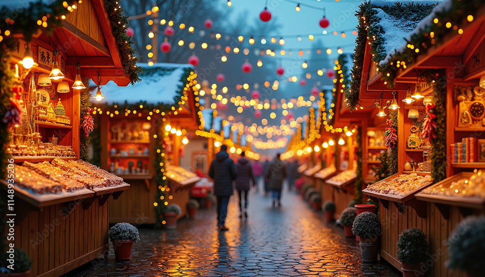 Picturesque winter market path lined with charming stalls decorated with lights and Christmas ornaments in a snowy setting Picturesque winter market path lined with charming stalls decorated with lights and Christmas ornaments in a snowy setting