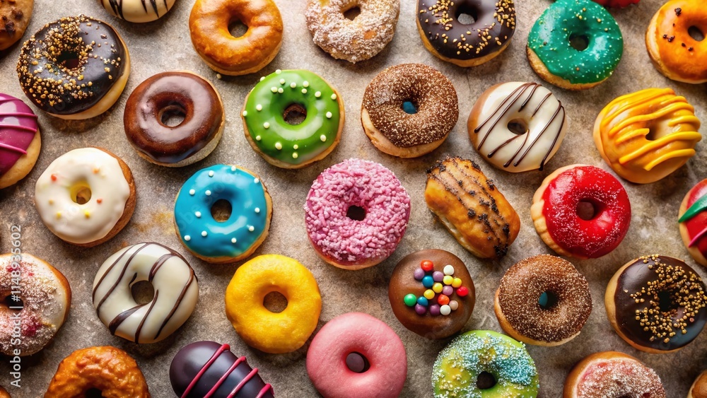 Delicious Donut Collection Overhead Flat Lay: Sweet Treats Bakery Photography Delicious Donut Collection Overhead Flat Lay: Sweet Treats Bakery Photography