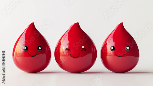 Cute cartoon blood drops with smiling faces on white background