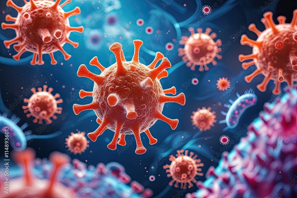Fototapeta premium Artistic Illustration of Enlarged Virus Shapes and Microbes on a Vivid Background