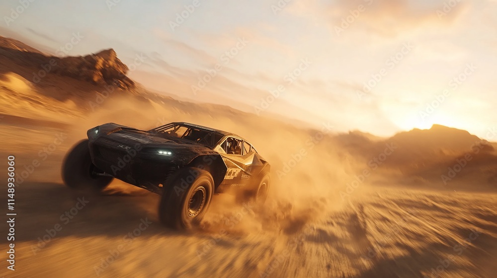 A high-speed off-road vehicle kicking up dust in a desert landscape at sunset. A high-speed off-road vehicle kicking up dust in a desert landscape at sunset.